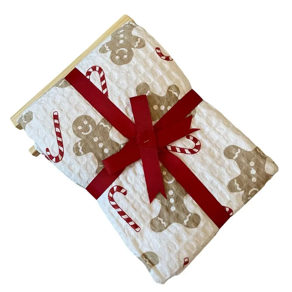 Joy & Jolly GINGERBREAD Shower Curtain 72x72 Christmas Candy Cane Waffle Weave